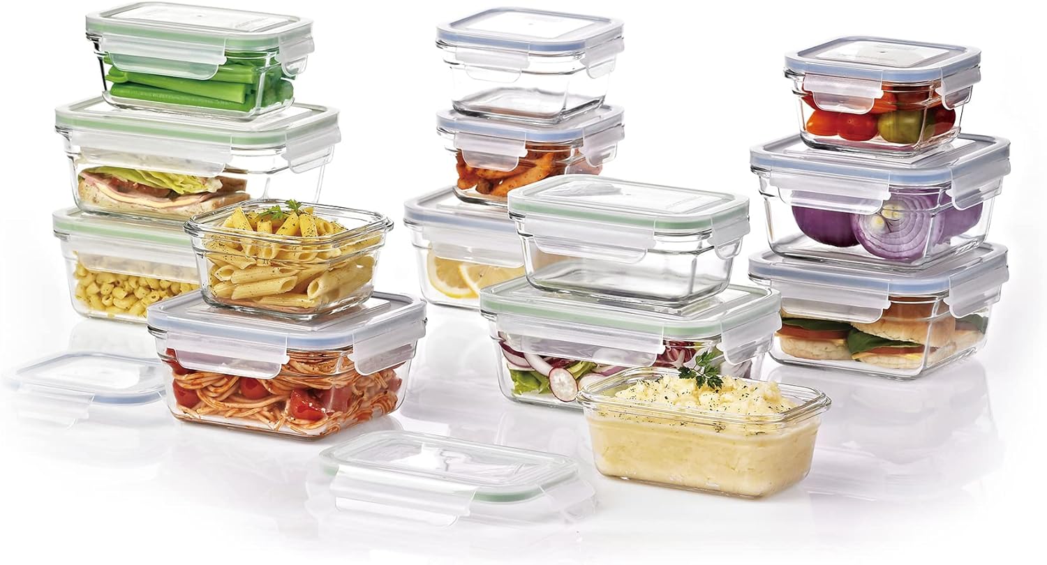 28-Piece Oven, Freezer and Microwave-Safe Stackable Glass Food Storage Container Set with Latching Lids O712