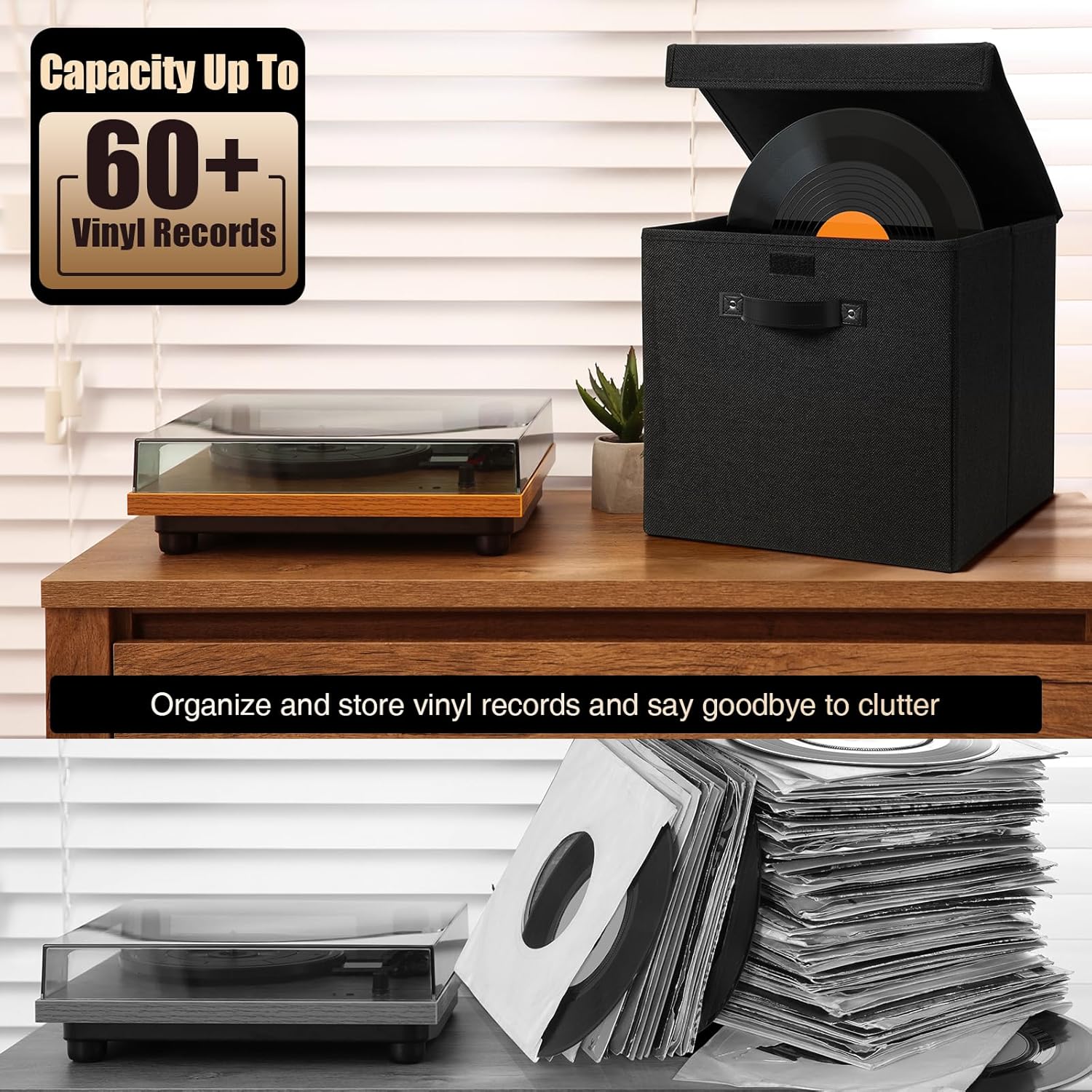 Vinyl Record Storage Box, 13x13 x13 Inch Linen Fabric Storage Cube Bin with Lid I11931