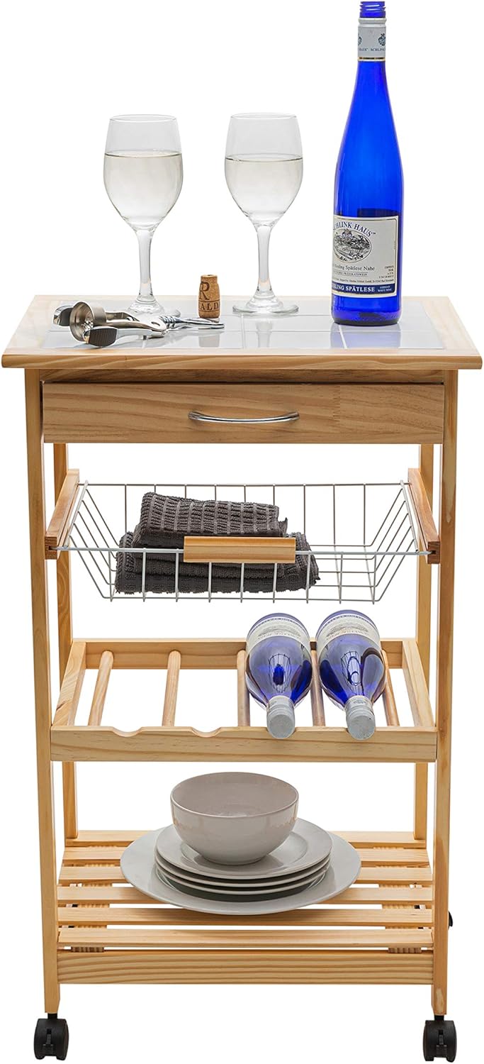 Natural Pinewood Mobile Kitchen Cart with Tile Top V795087