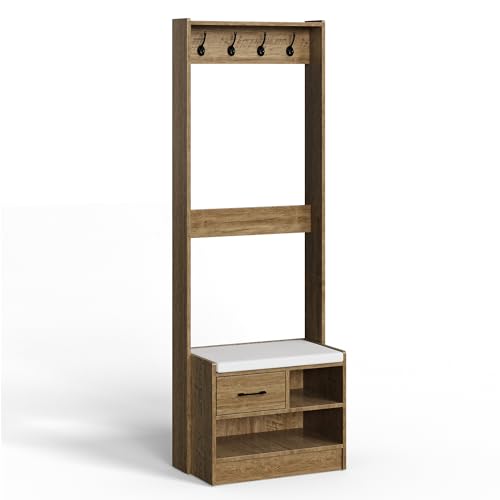 White Wood Hall Tree with Bench and Coat Rack C7381