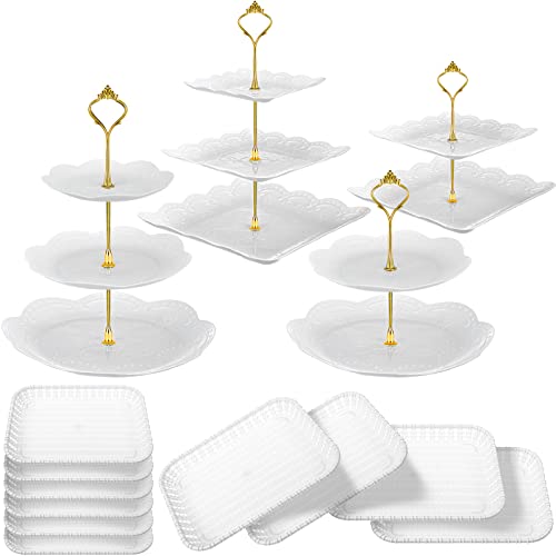 14 Pieces Tiered Cupcake Stand Set Gold 2-Tier 3-Tier Serving Stand Tower Tray with Round Rectangle Food Serving Trays X264