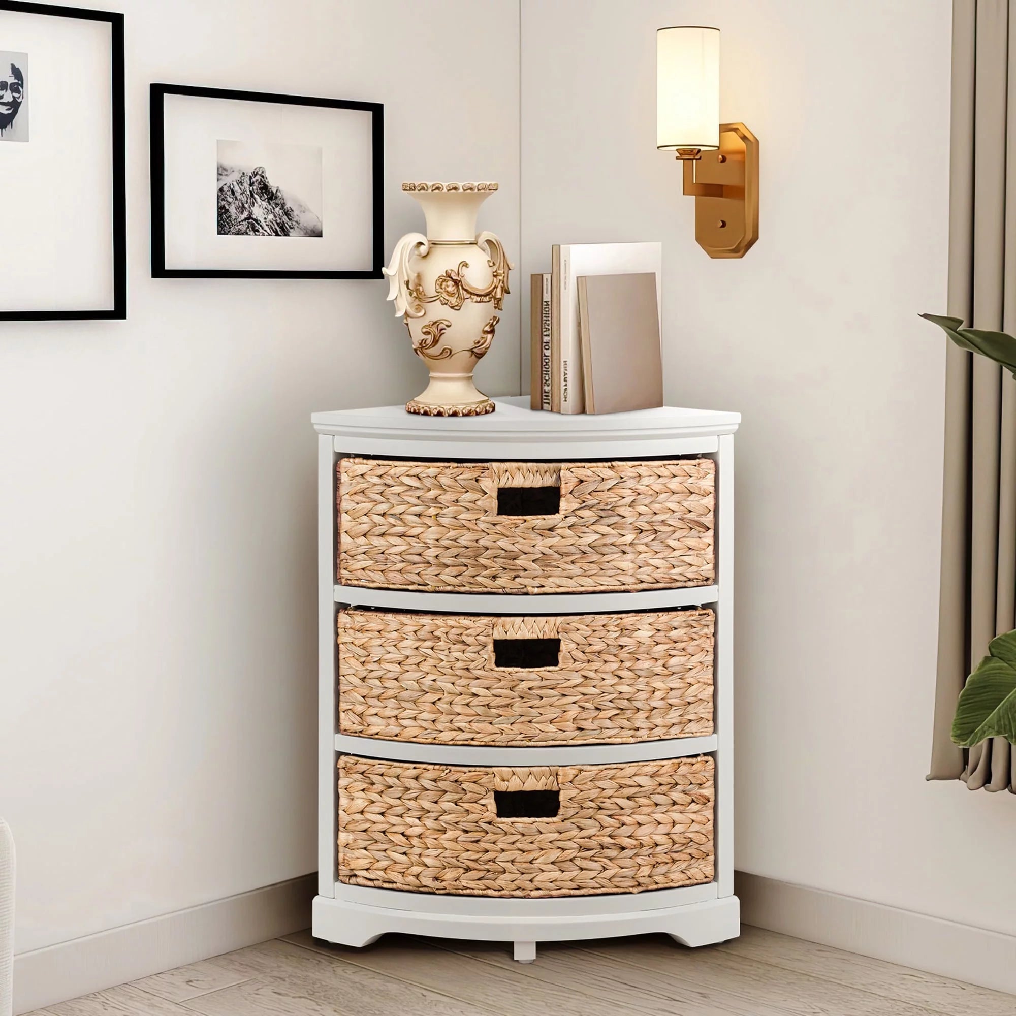 3 Tier Corner Storage Cabinet with 3 Natural Wicker Baskets, White R440