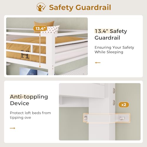 Twin Metal Loft Bed with L-Shaped Desk, LED Lights, Charging Station, Fabric Drawers & Shelves, White O61100