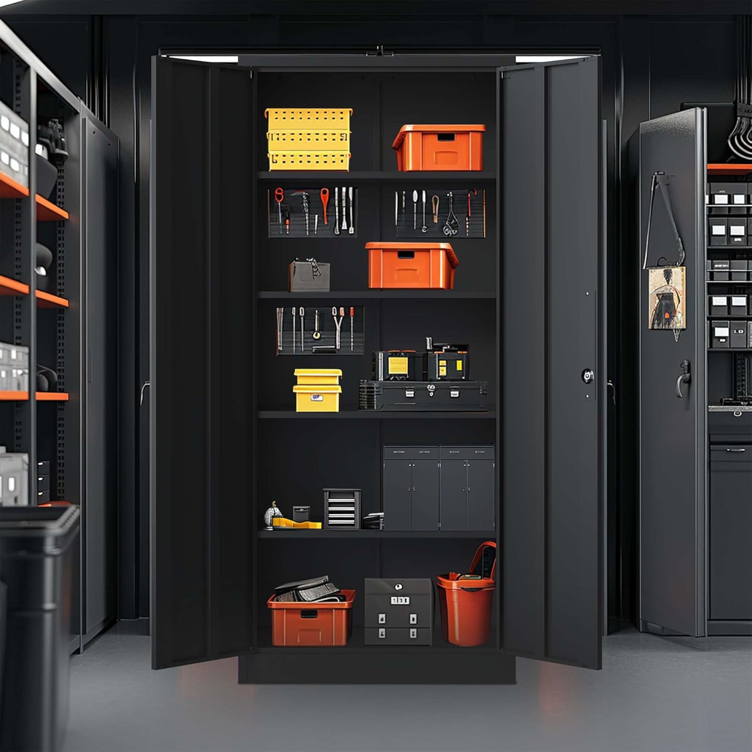 Black Metal Garage Storage Cabinet with Doors and 4 Shelves N9312