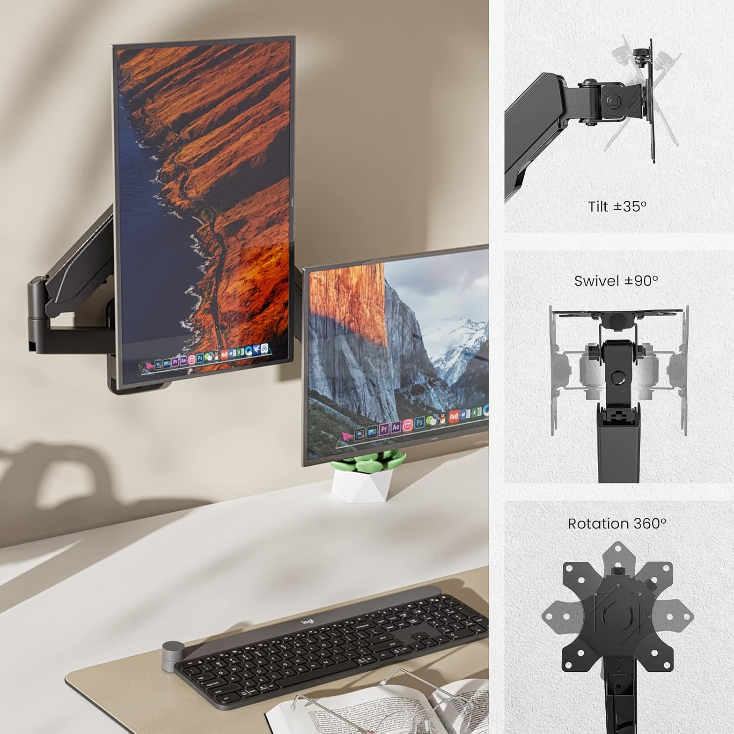 Black Gas Spring Dual Monitor Wall Mount for 17 to 32 inch Screens J346
