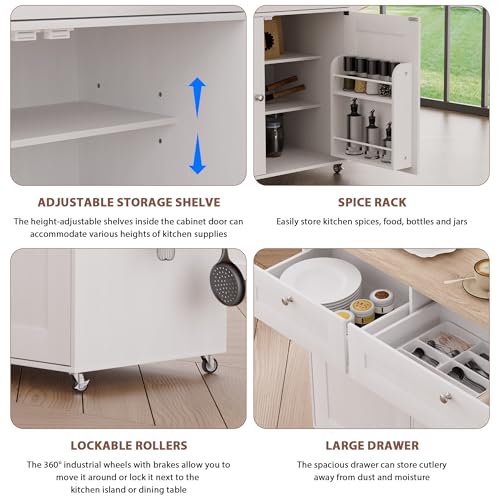 White Rolling Kitchen Island with Drop Leaf and Power Outlet Y441