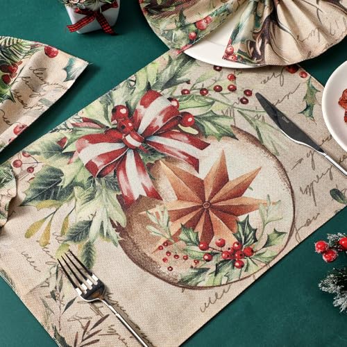 Christmas Placemats Set of 12, 12x18 Inch Linen Fabric Washable Table Mats P550311