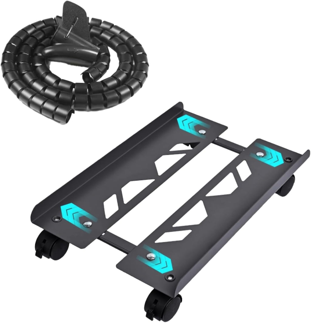 Black Adjustable Steel PC Tower Stand with 4 Locking Caster Wheels O1619