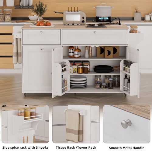 White Rolling Kitchen Island with Drop Leaf and Power Outlet Y441