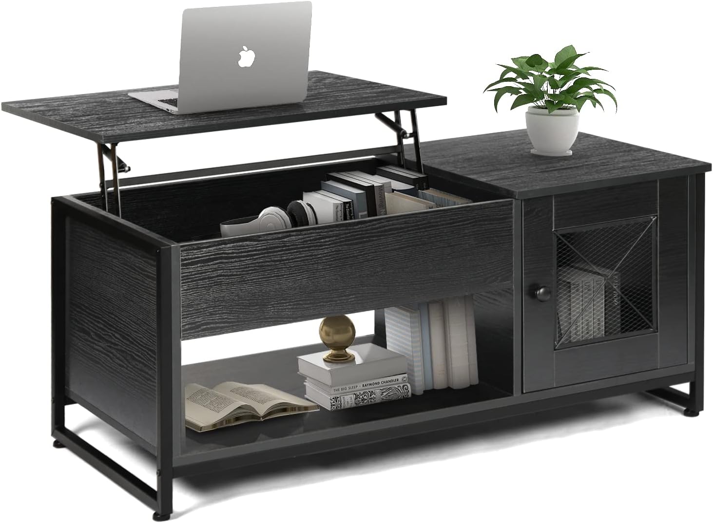 Industrial Lift Top Coffee Table with Metal Mesh Cabinet Door and Hidden Storage Compartment (Black Oak) F160311