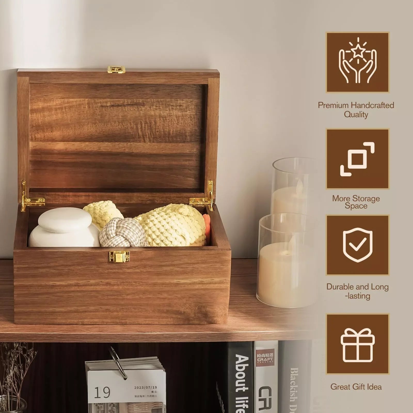 Acacia Wooden Storage Box with Hinged Lid T1535