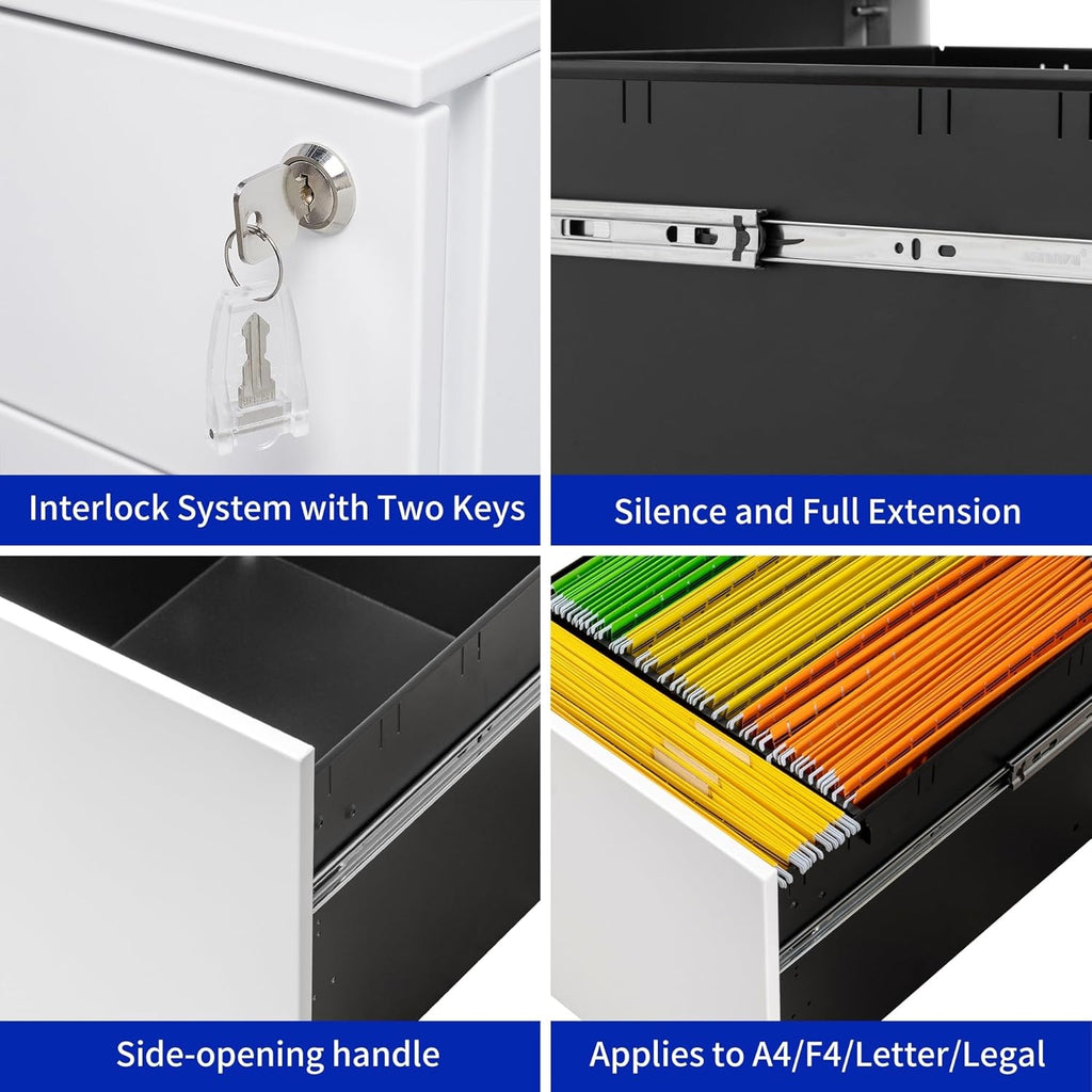White 3 Drawer Steel Mobile File Cabinet with Lock H49373