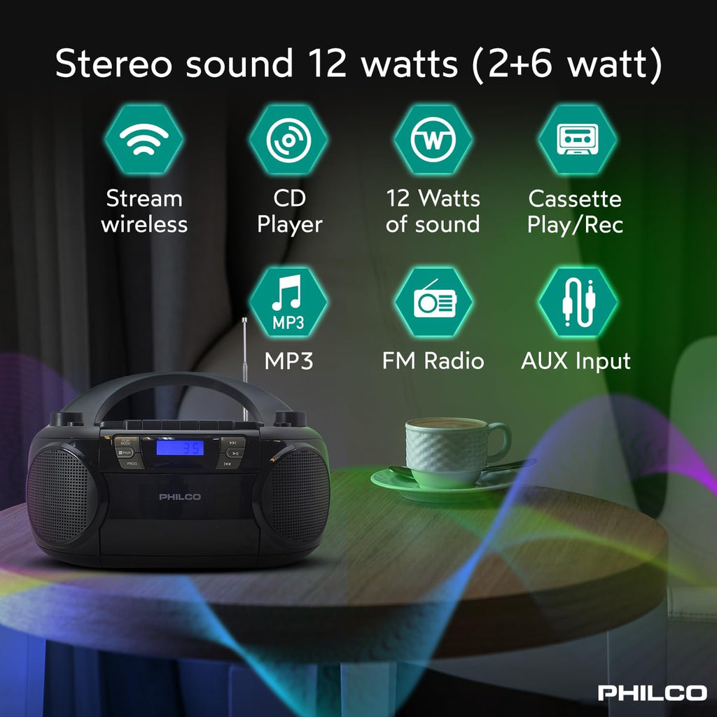 Bluetooth CD Boombox with Cassette, MP3 CD USB Playback, 12 watts J8293