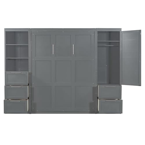 White Queen Size Murphy Bed with Closet and Drawers Y83470