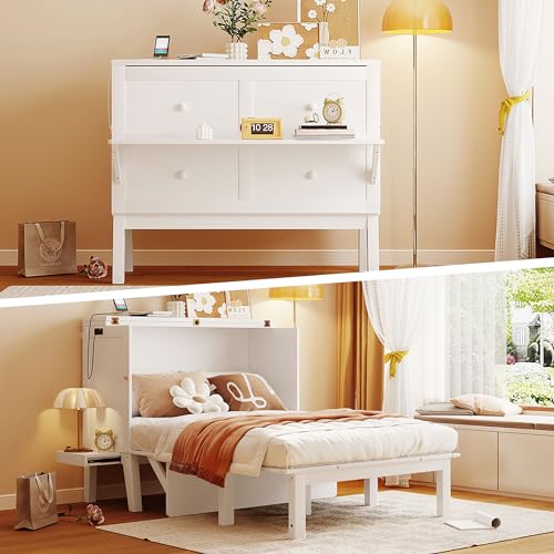 Full Size Murphy Bed with Desk, USB Port, and Shelves, White Wood Frame J83739