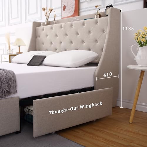 Full Size Upholstered Platform Bed with Button Tufted Storage Headboard and 4 Storage Drawers D33693