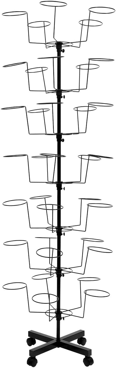 7 Tier Rotating Hat Display Stand with 4 Wheels, Adjustable Metal Hat Stand, 35 Metal Hooks, Black P438591