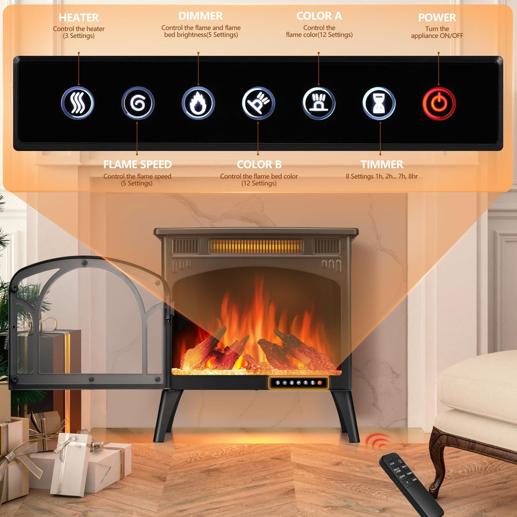 25" Freestanding Electric Fireplace Heater with 12 Flame Color Y15866
