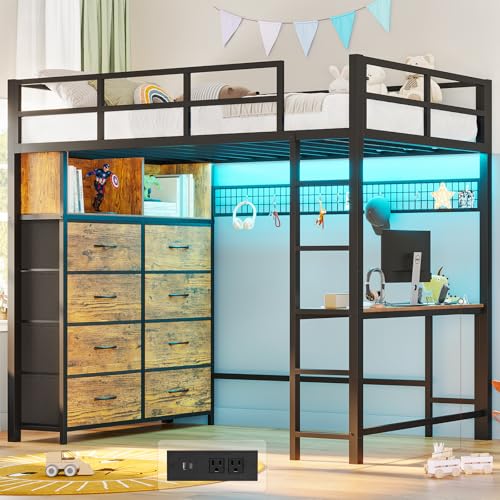 Twin Size Metal Loft Bed with Desk and 8 Storage Drawers, White H9393