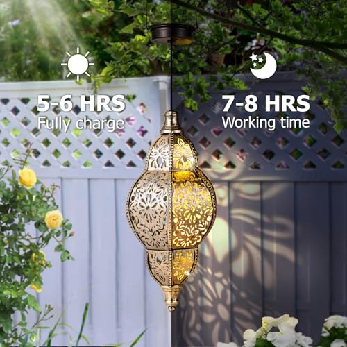 Hanging Solar Lantern Outdoor Decor, Waterproof Metal LED Lanterns W5354