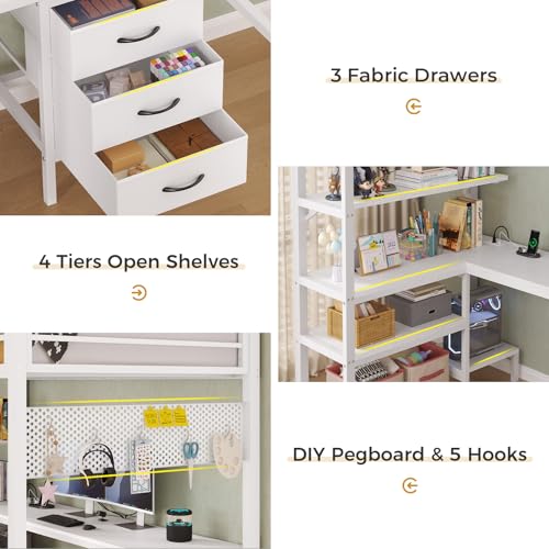 Twin Metal Loft Bed with L-Shaped Desk, LED Lights, Charging Station, Fabric Drawers & Shelves, White O61100