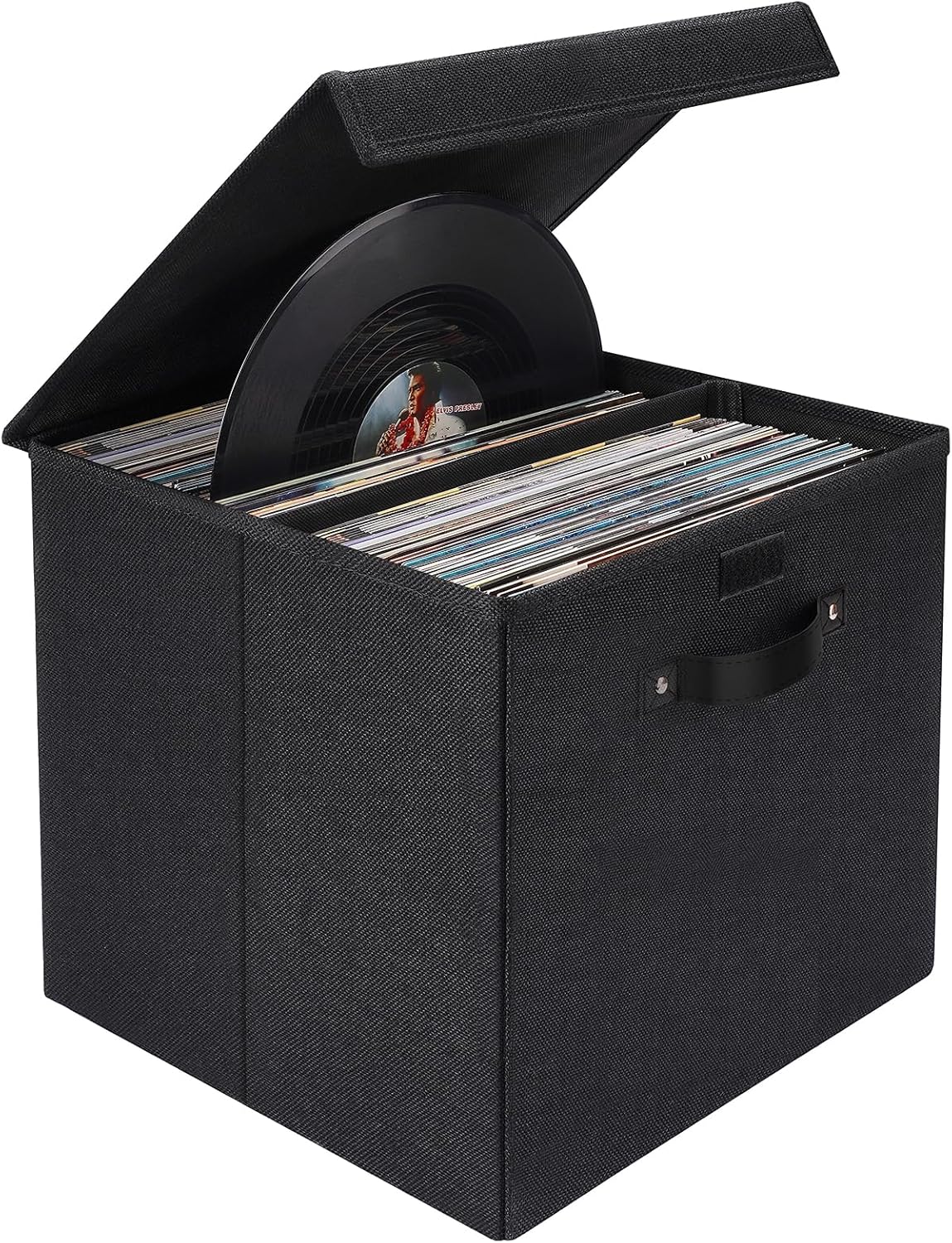 Vinyl Record Storage Box, 13x13 x13 Inch Linen Fabric Storage Cube Bin with Lid I11931