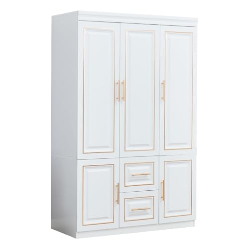 White Wood Storage Closet with Doors and Hanging Rod I83823