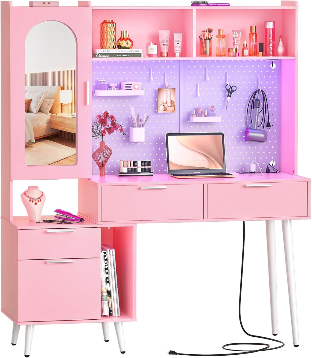 48 Inch Pink Vanity Desk with Mirror, LED Light, Charging Station, Drawers, Cabinet, Pegboard, Shelves, Storage Hutch A1405