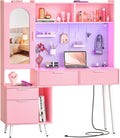 48 Inch Pink Vanity Desk with Mirror, LED Light, Charging Station, Drawers, Cabinet, Pegboard, Shelves, Storage Hutch A1405