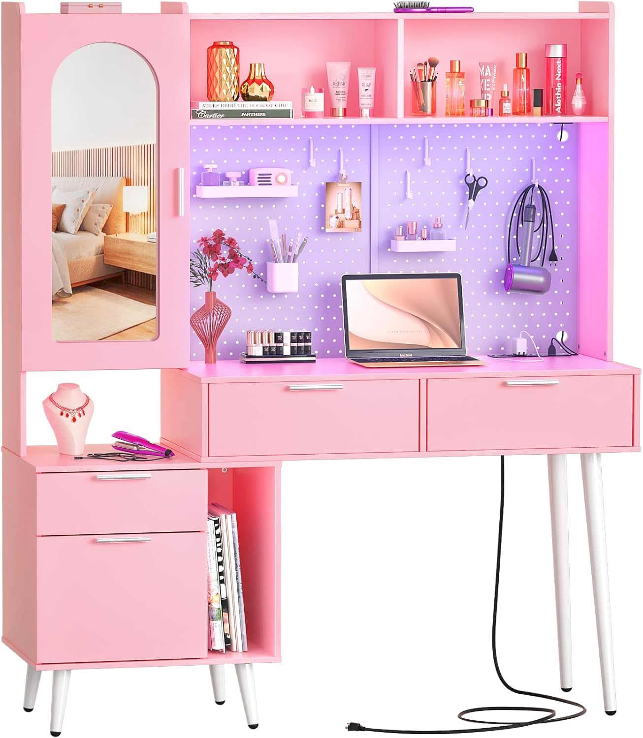 48 Inch Pink Vanity Desk with Mirror, LED Light, Charging Station, Drawers, Cabinet, Pegboard, Shelves, Storage Hutch A1405