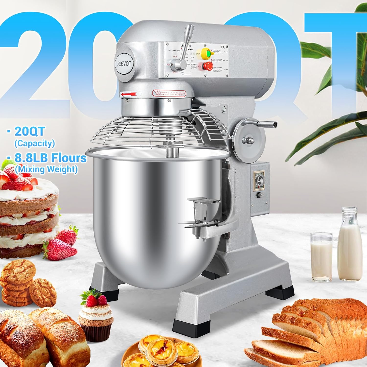 20Qt 1100W Commercial Stand Mixer with Stainless Steel Bowl D349