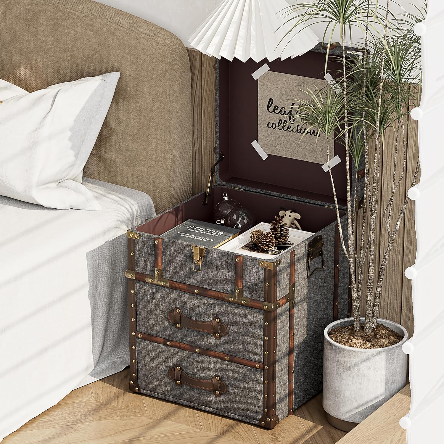 Grey Linen Storage Chest with Hinged Top J62841