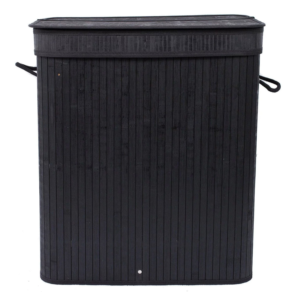 Black Bamboo Double Laundry Hamper with Lid and Cloth Liner N313789