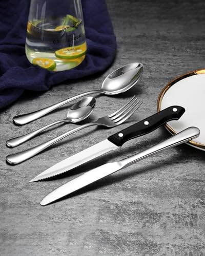 48-Piece Stainless Steel Hammered Silverware Set with Steak Knives A337