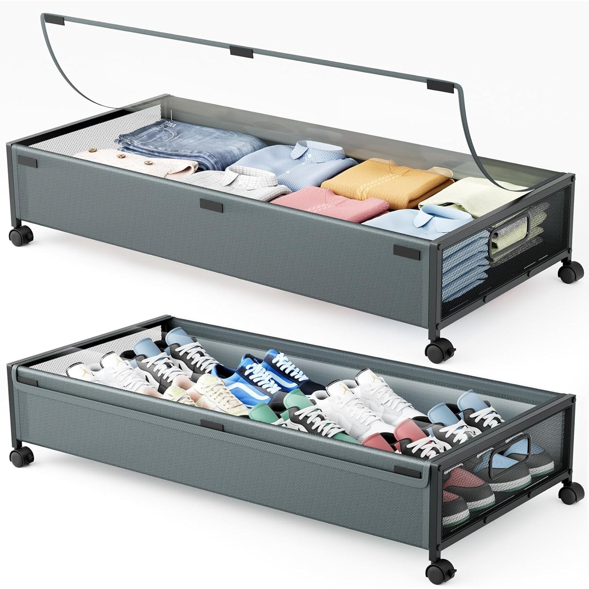 Cyan-gray 2 Pack Under Bed Storage Containers with Wheels and Lid W496