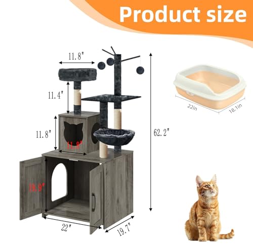 Grey Wood Cat Tree with Litter Box Enclosure A89987