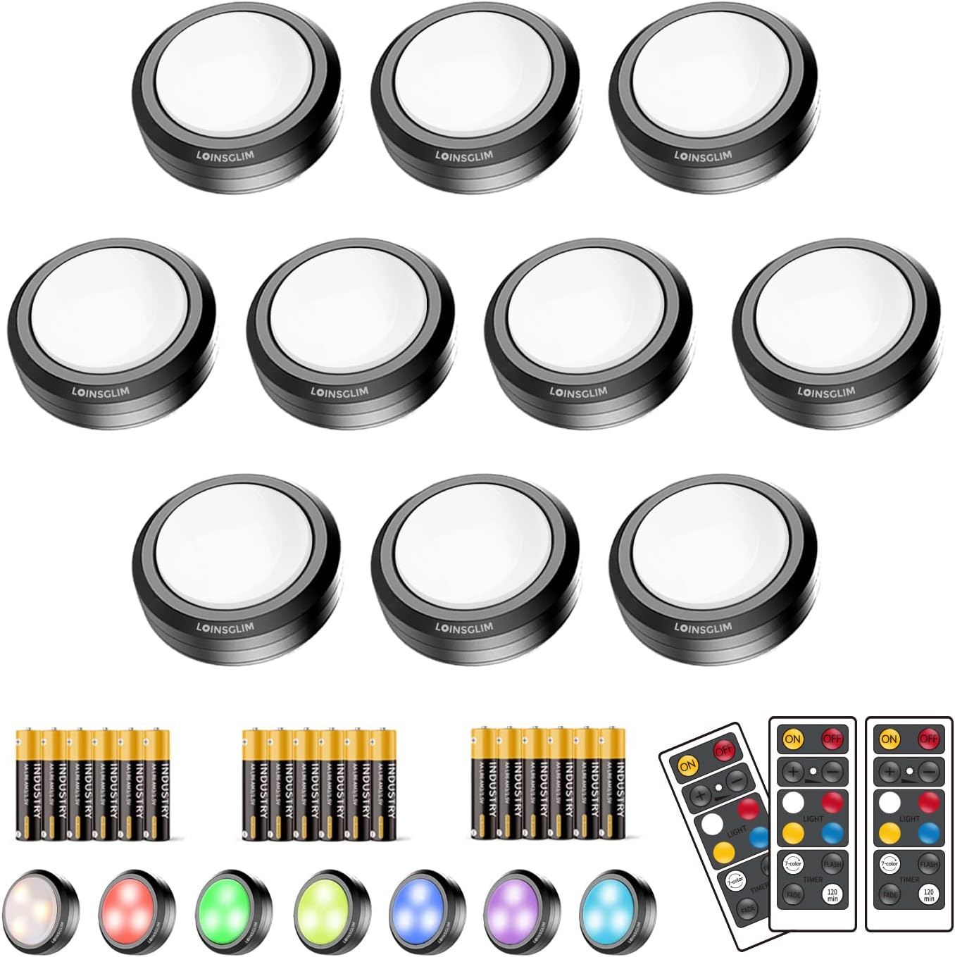 10 Pack 7 Colors Dimmable LED Puck Lights with Remote D512