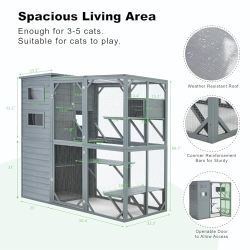 Large 4 Tiers Cat Enclosure with Weatherproof Roof, Grey Green K4460
