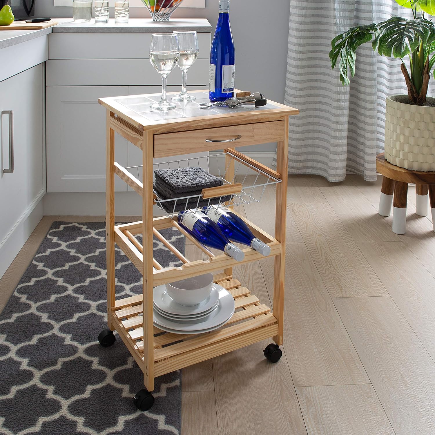 Natural Pinewood Mobile Kitchen Cart with Tile Top V795087