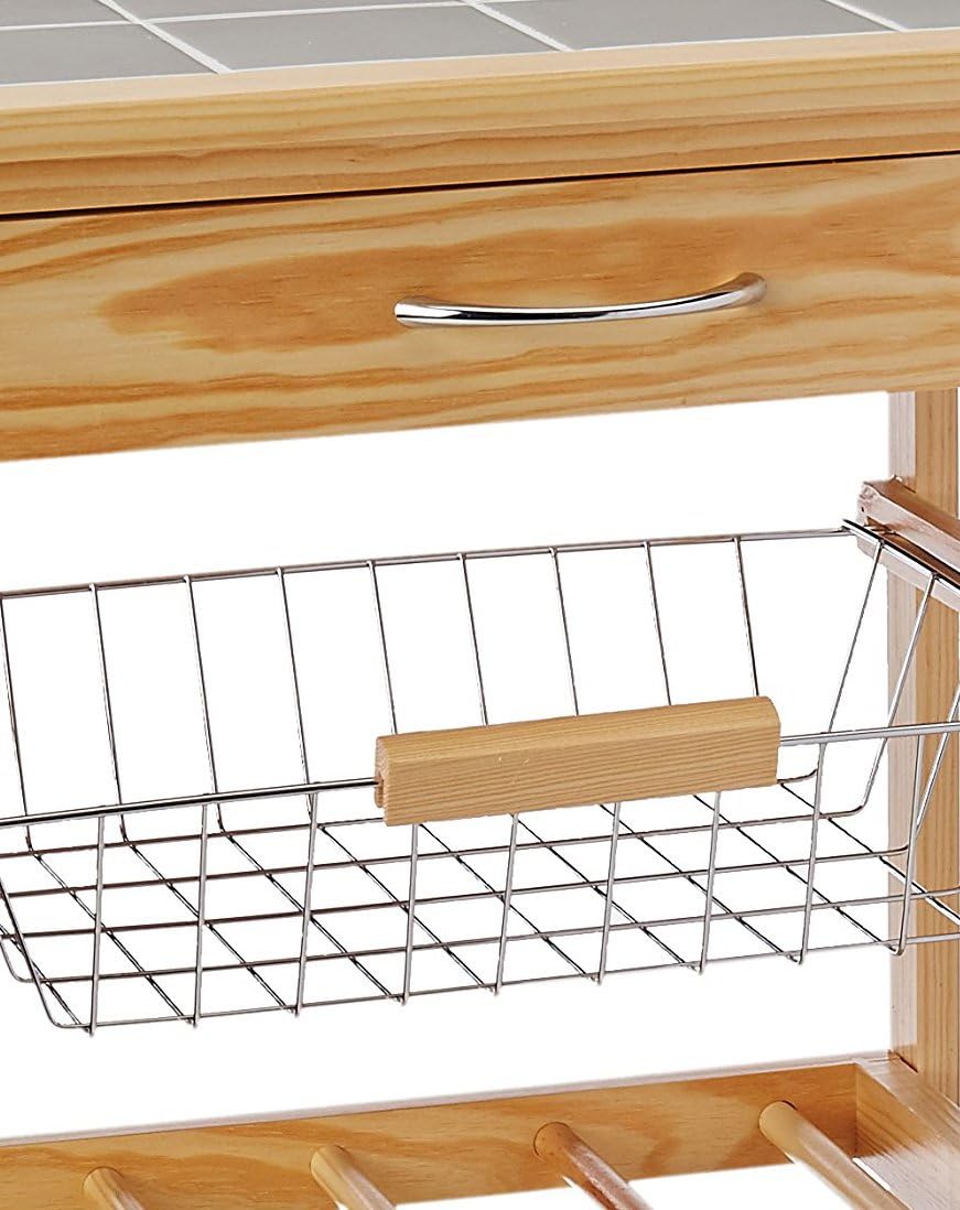 Natural Pinewood Mobile Kitchen Cart with Tile Top V795087