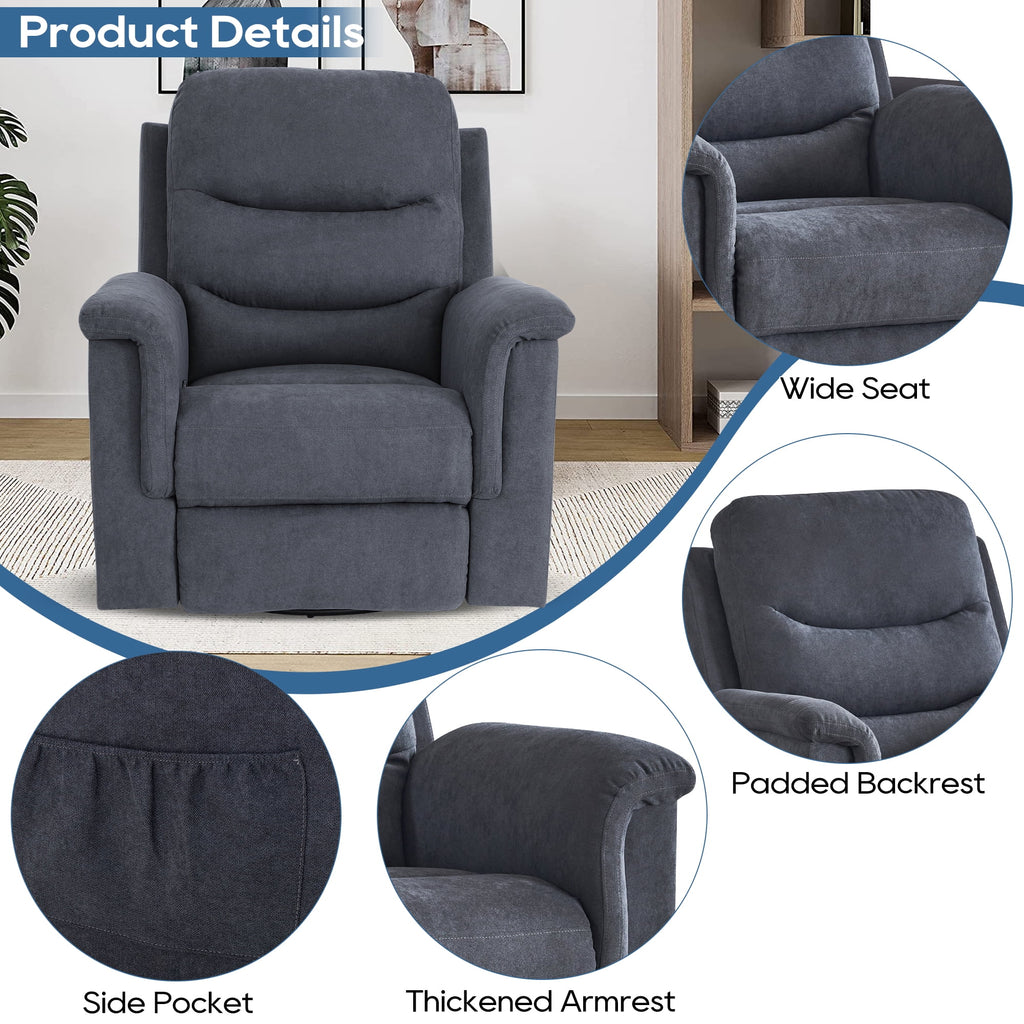 Grey Velvet Manual Swivel Rocker Recliner Chair E757