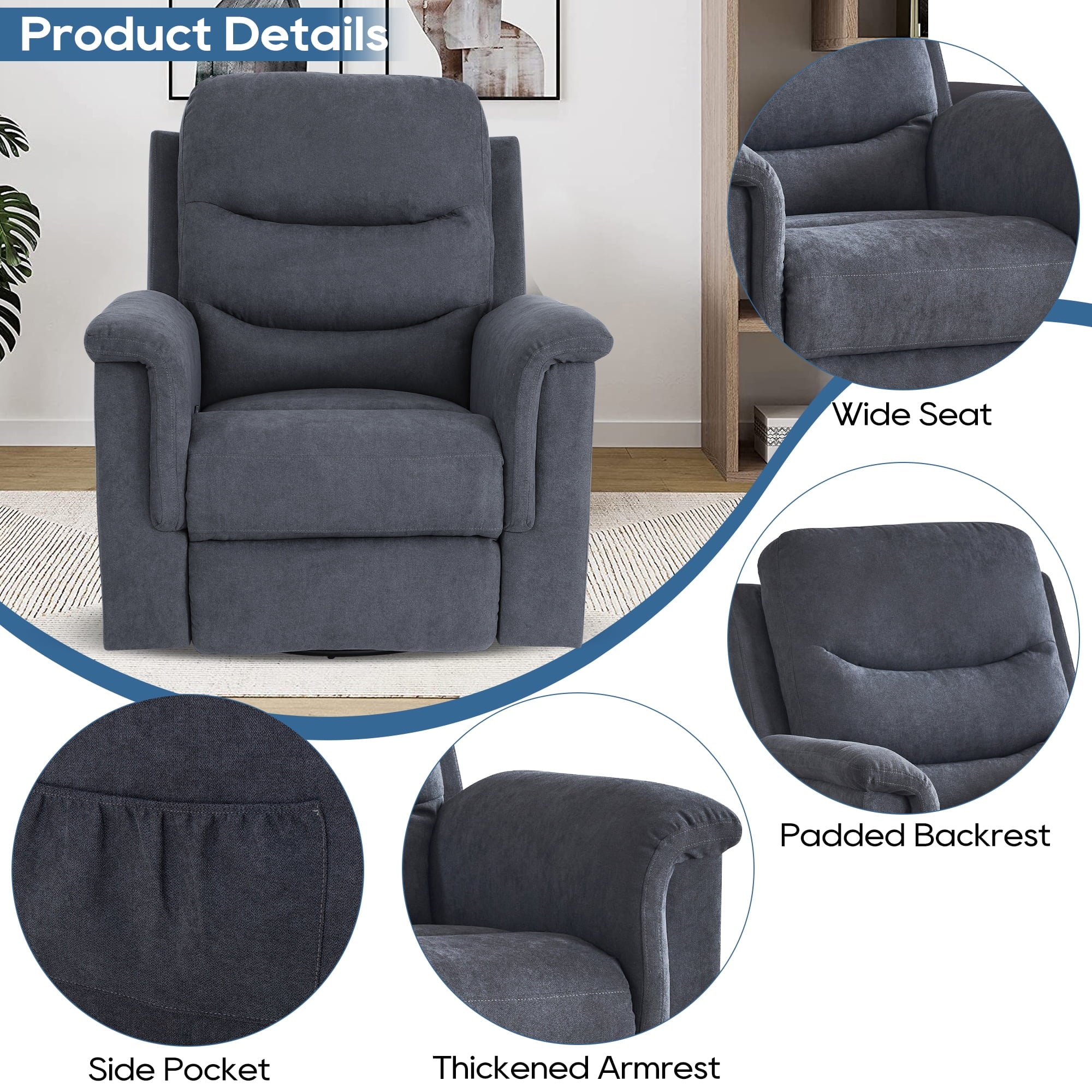 Grey Velvet Manual Swivel Rocker Recliner Chair E757