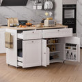 White Rolling Kitchen Island with Drop Leaf and Power Outlet Y441