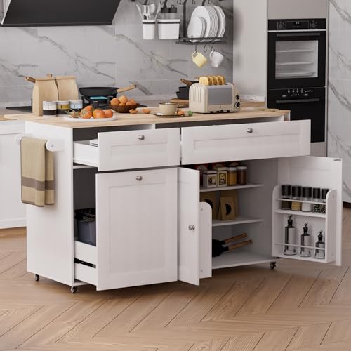 White Rolling Kitchen Island with Drop Leaf and Power Outlet Y441
