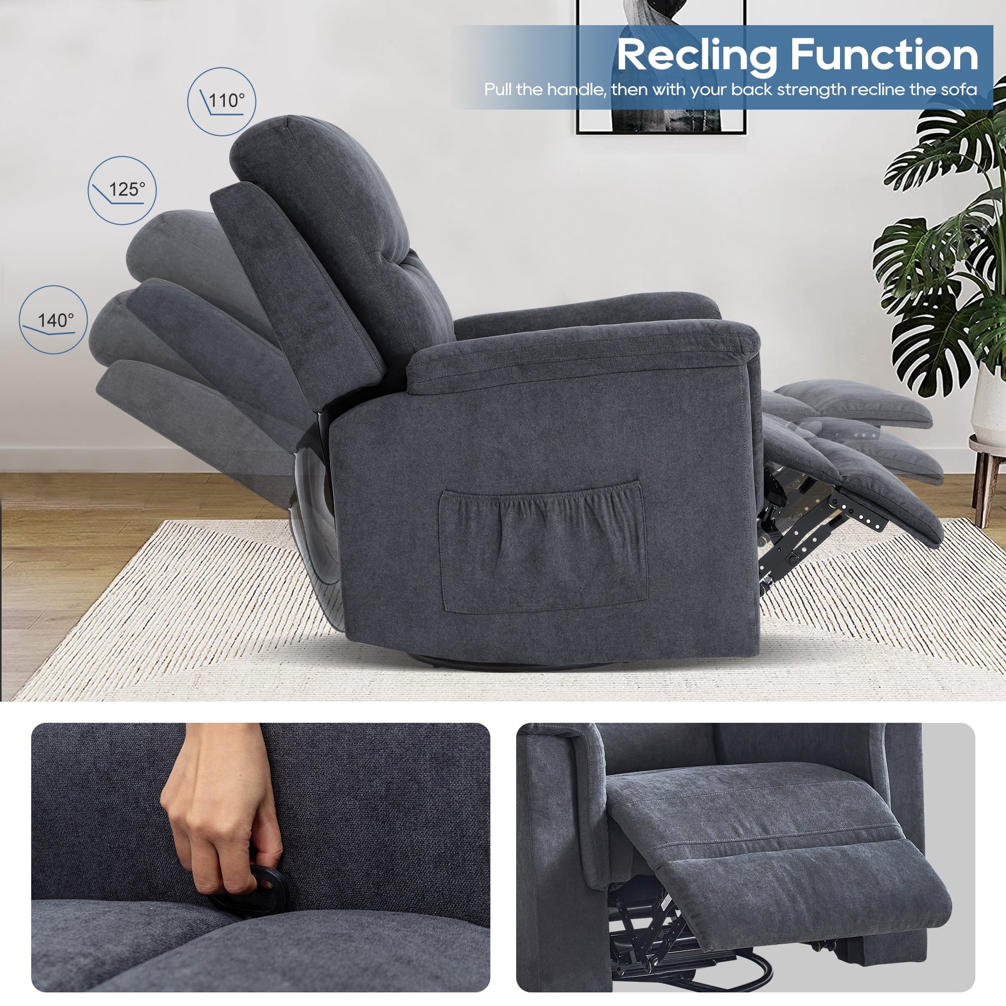 Grey Velvet Manual Swivel Rocker Recliner Chair E757