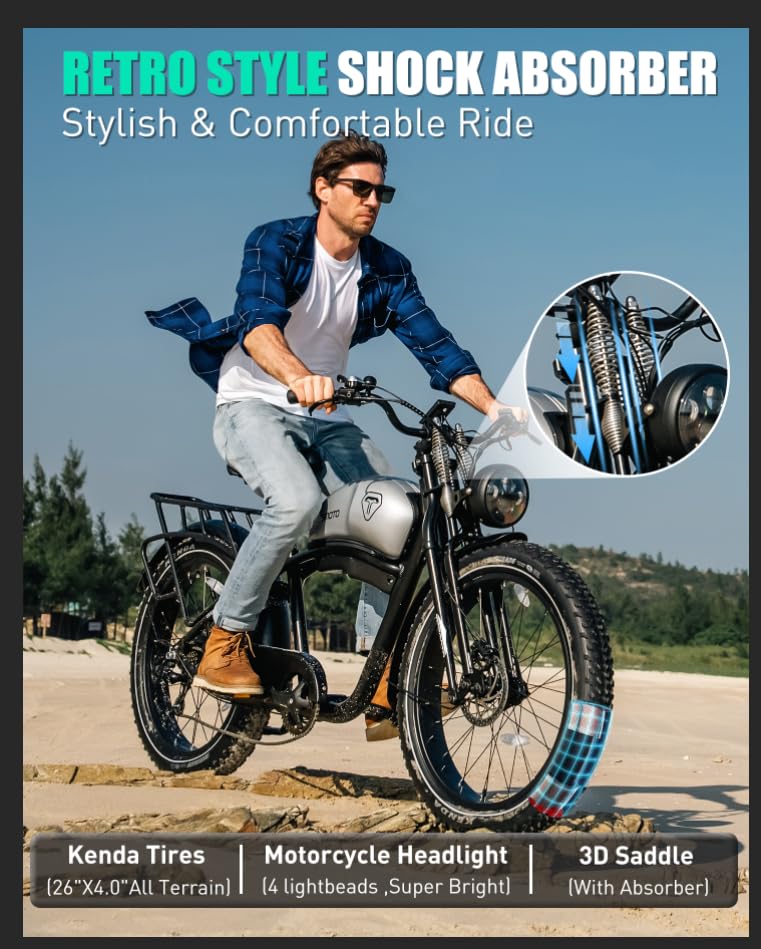 Electric Motorcycle 1500W Motor 52V 20AH 34MPH 75Mils Retro Style Moped Ebike 26"x4.0" Fat Tire Dual Hydraulic Full Suspension X9617