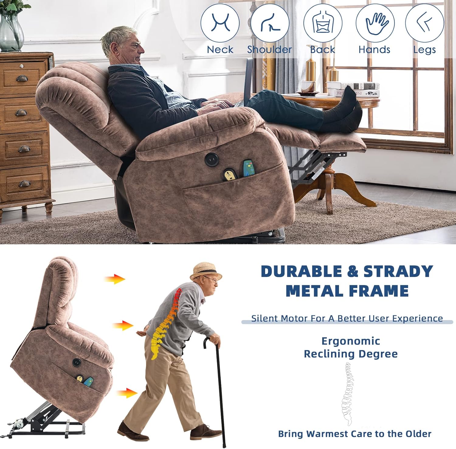 Large Electric Power Lift Recliner Chair, Heated Massage Motorized Reclining Sofa, Brown K129
