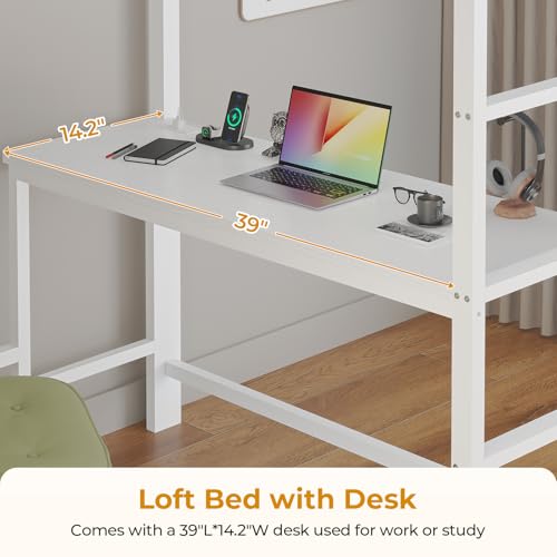 Twin Size Metal Loft Bed with Desk and 8 Storage Drawers, White H9393