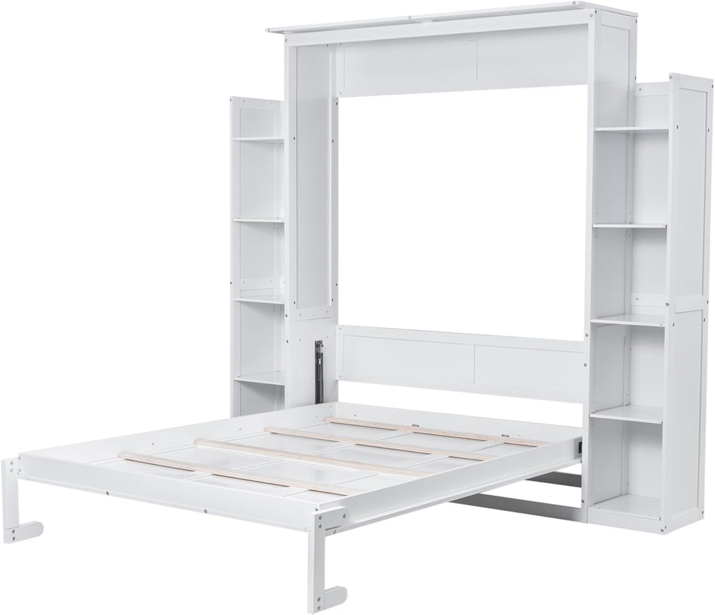 White Queen Size Wooden Murphy Bed with Shelves and LED Lights Z360166