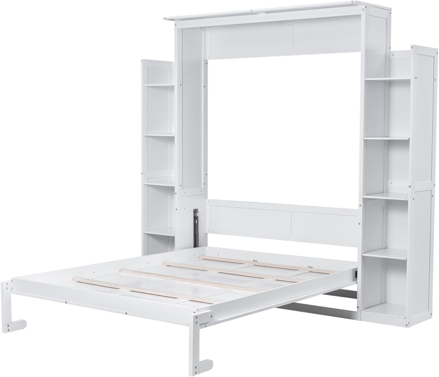 White Queen Size Wooden Murphy Bed with Shelves and LED Lights Z360166